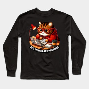 All Things Are Possible Chubby Tabby Cat Laptop Homework Hardworking Study Hard Long Sleeve T-Shirt